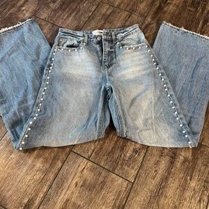 Fashion Nova Light Blue Flare Jeans with Pearl Details